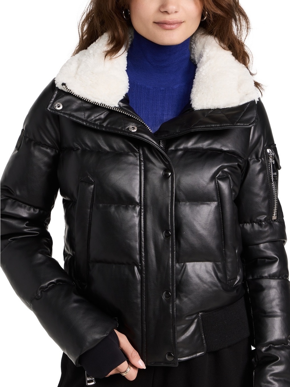 SAM New York Allegra Faux Leather Down Puffer Jacket XS Black Sherpa